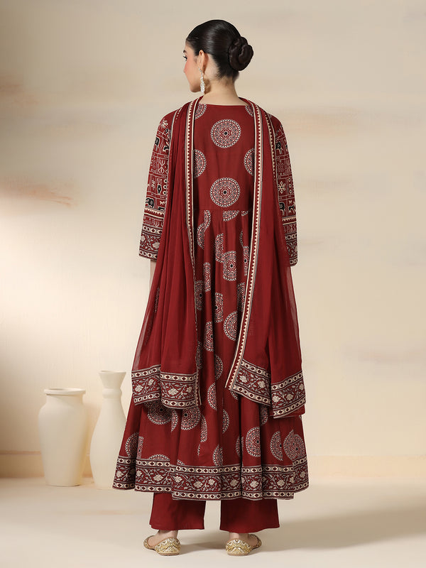 Maroon Rayon Printed Mirror Work Round Neck 3/4 Sleeves Calf Length Flared Kurta Pant And Dupatta Set Mizazjaipur