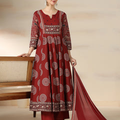 Maroon Rayon Printed Mirror Work Round Neck 3/4 Sleeves Calf Length Flared Kurta Pant And Dupatta Set Mizazjaipur