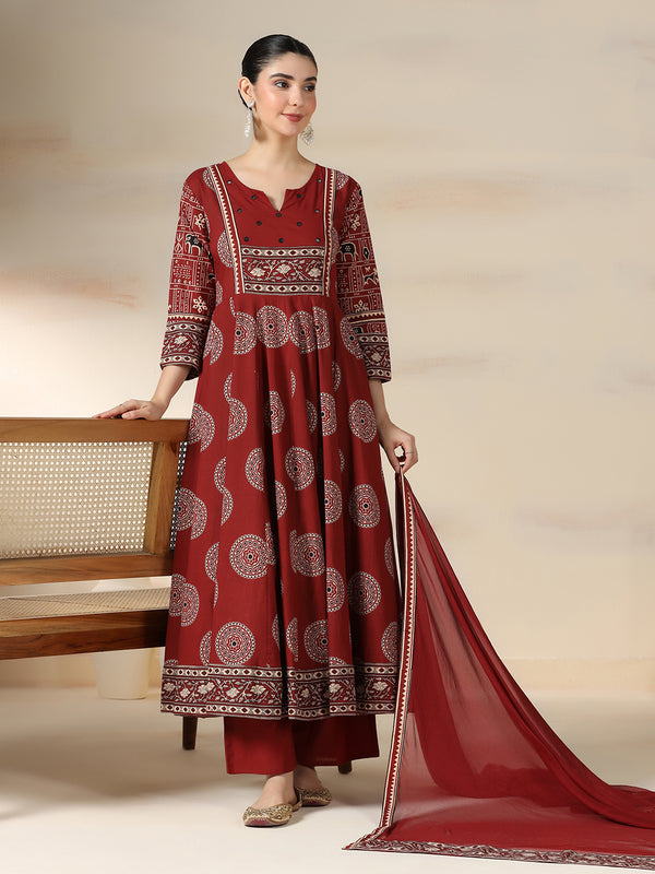 Maroon Rayon Printed Mirror Work Round Neck 3/4 Sleeves Calf Length Flared Kurta Pant And Dupatta Set Mizazjaipur
