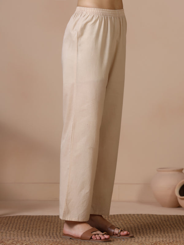 Cream Pure Cotton Printed Round Neck Full Sleeves Ankle Length Flared Kurta Pant And Dupatta Set