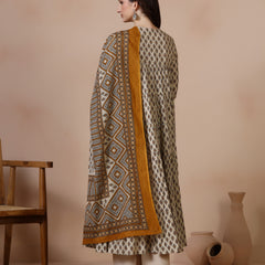 Cream Pure Cotton Printed Round Neck Full Sleeves Ankle Length Flared Kurta Pant And Dupatta Set
