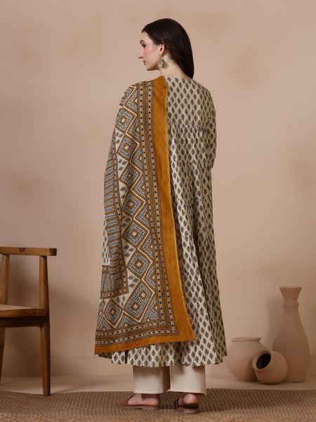 Cream Pure Cotton Printed Round Neck Full Sleeves Ankle Length Flared Kurta Pant And Dupatta Set