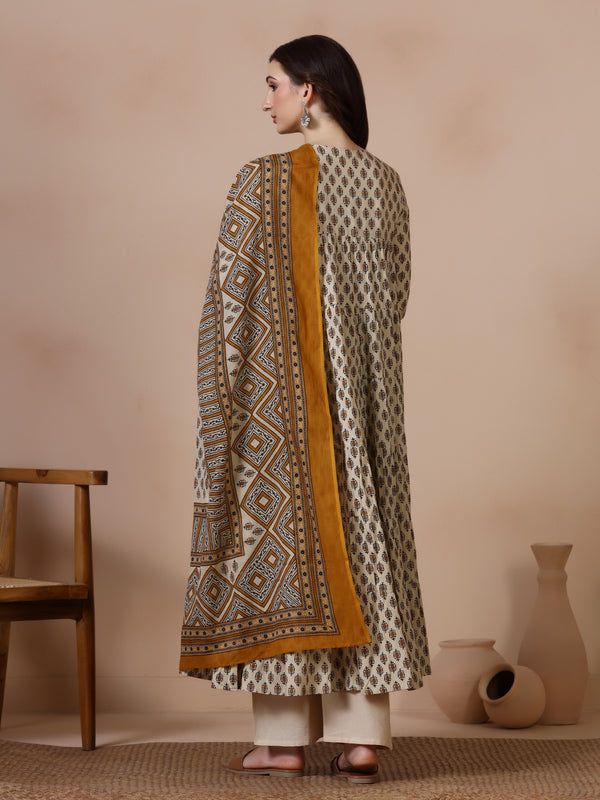Cream Pure Cotton Printed Round Neck Full Sleeves Ankle Length Flared Kurta Pant And Dupatta Set