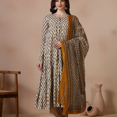 Cream Pure Cotton Printed Round Neck Full Sleeves Ankle Length Flared Kurta Pant And Dupatta Set
