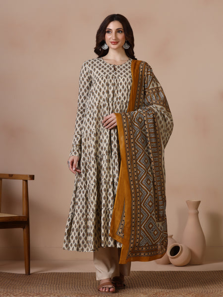 Cream Pure Cotton Printed Round Neck Full Sleeves Ankle Length Flared Kurta Pant And Dupatta Set
