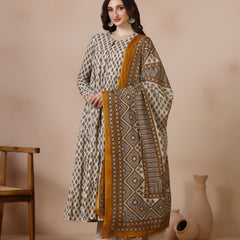 Cream Pure Cotton Printed Round Neck Full Sleeves Ankle Length Flared Kurta Pant And Dupatta Set
