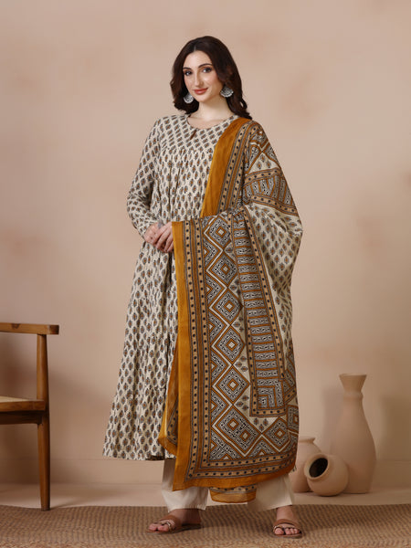 Cream Pure Cotton Printed Round Neck Full Sleeves Ankle Length Flared Kurta Pant And Dupatta Set