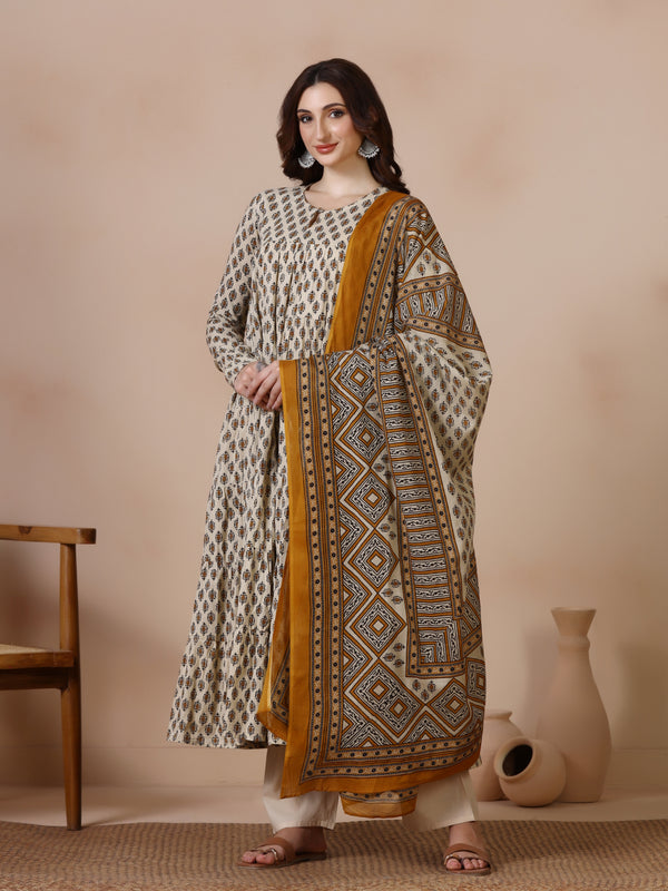 Cream Pure Cotton Printed Round Neck Full Sleeves Ankle Length Flared Kurta Pant And Dupatta Set