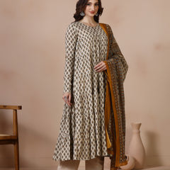 Cream Pure Cotton Printed Round Neck Full Sleeves Ankle Length Flared Kurta Pant And Dupatta Set