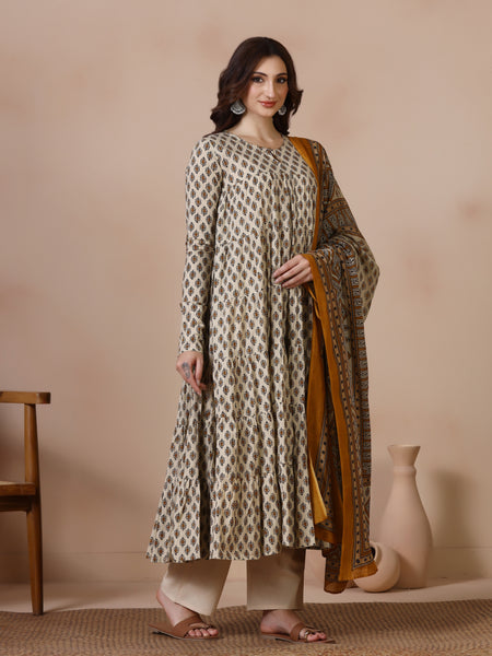 Cream Pure Cotton Printed Round Neck Full Sleeves Ankle Length Flared Kurta Pant And Dupatta Set