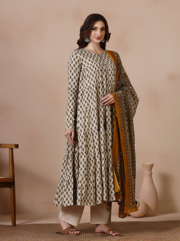 Cream Pure Cotton Printed Round Neck Full Sleeves Ankle Length Flared Kurta Pant And Dupatta Set
