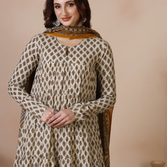 Cream Pure Cotton Printed Round Neck Full Sleeves Ankle Length Flared Kurta Pant And Dupatta Set