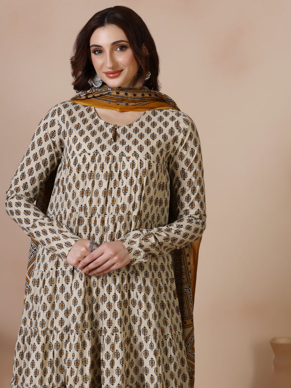 Cream Pure Cotton Printed Round Neck Full Sleeves Ankle Length Flared Kurta Pant And Dupatta Set