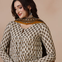 Cream Pure Cotton Printed Round Neck Full Sleeves Ankle Length Flared Kurta Pant And Dupatta Set