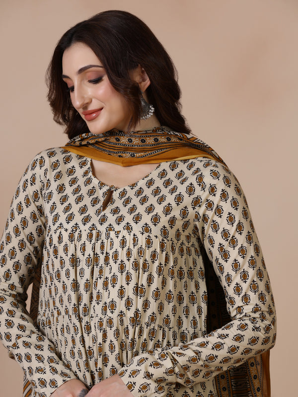Cream Pure Cotton Printed Round Neck Full Sleeves Ankle Length Flared Kurta Pant And Dupatta Set