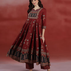 (Pre-order) Barnred Pure Cotton Printed Round Neck 3/4 Sleeves Ankle Length Flared Kurta Pant And Dupatta Set