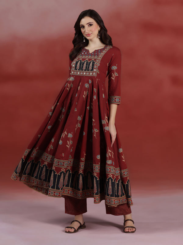 (Pre-order) Barnred Pure Cotton Printed Round Neck 3/4 Sleeves Ankle Length Flared Kurta Pant And Dupatta Set