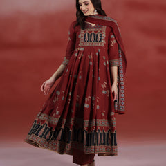 (Pre-order) Barnred Pure Cotton Printed Round Neck 3/4 Sleeves Ankle Length Flared Kurta Pant And Dupatta Set