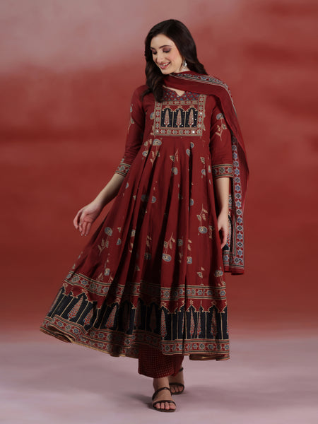 (Pre-order) Barnred Pure Cotton Printed Round Neck 3/4 Sleeves Ankle Length Flared Kurta Pant And Dupatta Set