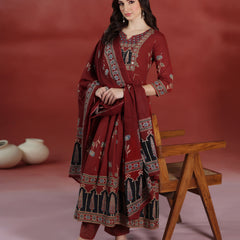 (Pre-order) Barnred Pure Cotton Printed Round Neck 3/4 Sleeves Ankle Length Flared Kurta Pant And Dupatta Set
