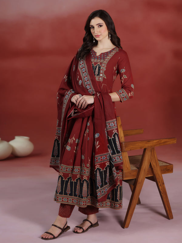 (Pre-order) Barnred Pure Cotton Printed Round Neck 3/4 Sleeves Ankle Length Flared Kurta Pant And Dupatta Set