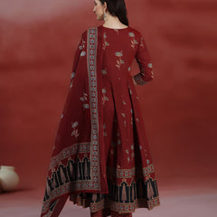 (Pre-order) Barnred Pure Cotton Printed Round Neck 3/4 Sleeves Ankle Length Flared Kurta Pant And Dupatta Set