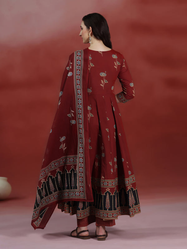(Pre-order) Barnred Pure Cotton Printed Round Neck 3/4 Sleeves Ankle Length Flared Kurta Pant And Dupatta Set