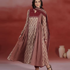 Beige Pure Cotton Printed Round Neck Full Sleeves Calf Length A-line Kurta Pant And Dupatta Set