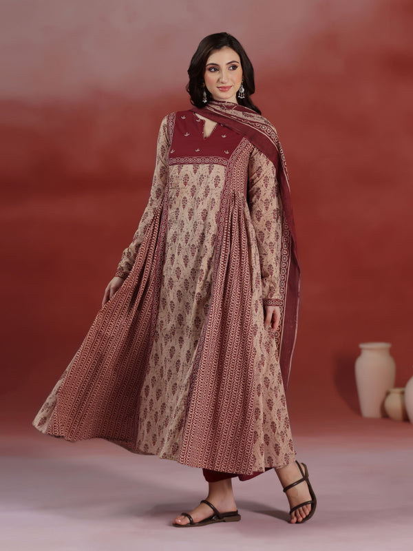 Beige Pure Cotton Printed Round Neck Full Sleeves Calf Length A-line Kurta Pant And Dupatta Set