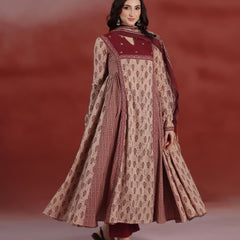 Beige Pure Cotton Printed Round Neck Full Sleeves Calf Length A-line Kurta Pant And Dupatta Set