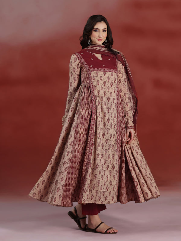 Beige Pure Cotton Printed Round Neck Full Sleeves Calf Length A-line Kurta Pant And Dupatta Set