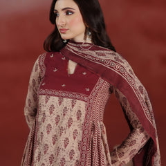 Beige Pure Cotton Printed Round Neck Full Sleeves Calf Length A-line Kurta Pant And Dupatta Set