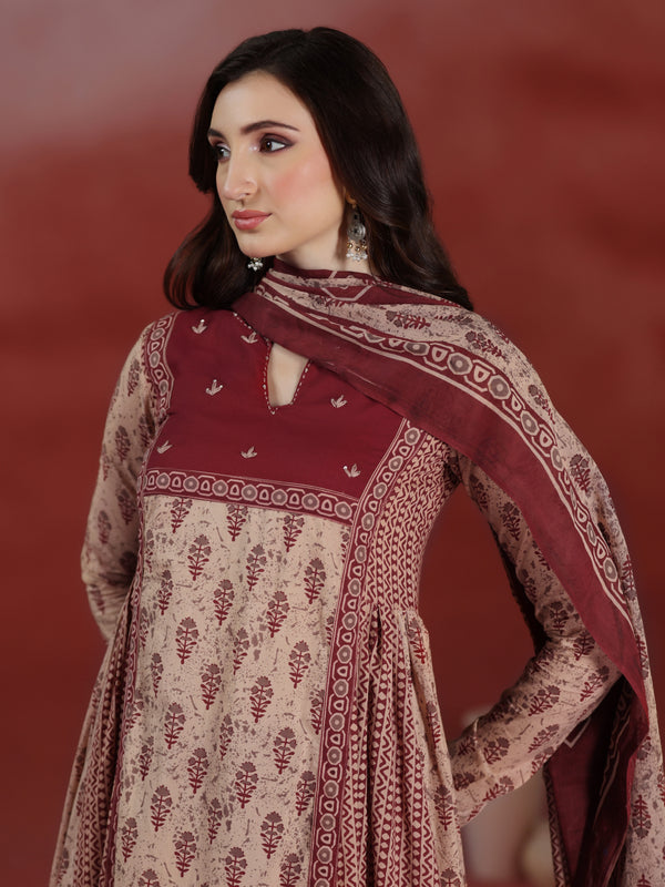 Beige Pure Cotton Printed Round Neck Full Sleeves Calf Length A-line Kurta Pant And Dupatta Set