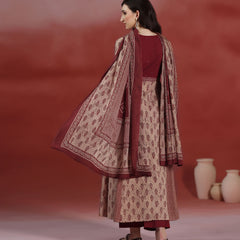 Beige Pure Cotton Printed Round Neck Full Sleeves Calf Length A-line Kurta Pant And Dupatta Set