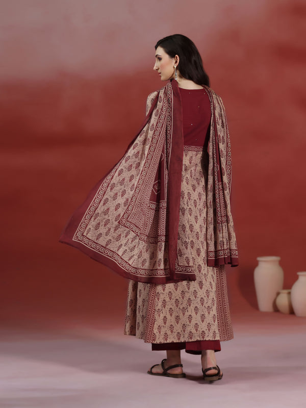 Beige Pure Cotton Printed Round Neck Full Sleeves Calf Length A-line Kurta Pant And Dupatta Set