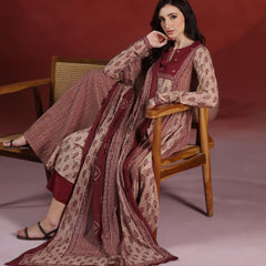 Beige Pure Cotton Printed Round Neck Full Sleeves Calf Length A-line Kurta Pant And Dupatta Set