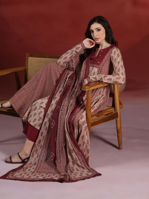 Beige Pure Cotton Printed Round Neck Full Sleeves Calf Length A-line Kurta Pant And Dupatta Set