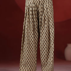 Beige Pure Cotton Printed Round Neck Full Sleeves Hip Length Straight Kurta Farshi Salwar Set