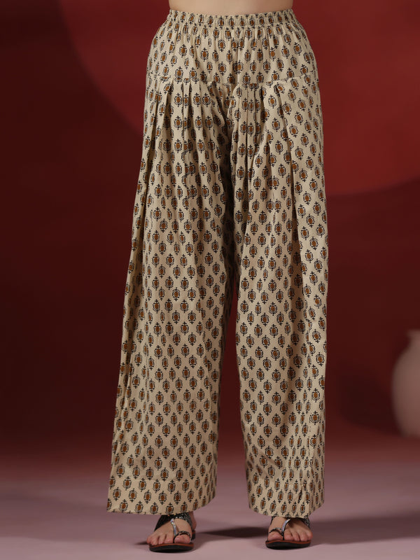 Beige Pure Cotton Printed Round Neck Full Sleeves Hip Length Straight Kurta Farshi Salwar Set