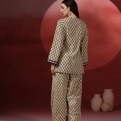 Beige Pure Cotton Printed Round Neck Full Sleeves Hip Length Straight Kurta Farshi Salwar Set