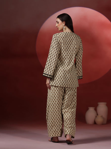Beige Pure Cotton Printed Round Neck Full Sleeves Hip Length Straight Kurta Farshi Salwar Set Mizazjaipur