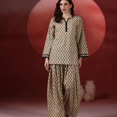 Beige Pure Cotton Printed Round Neck Full Sleeves Hip Length Straight Kurta Farshi Salwar Set