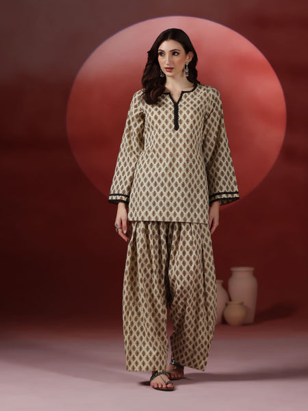 Beige Pure Cotton Printed Round Neck Full Sleeves Hip Length Straight Kurta Farshi Salwar Set