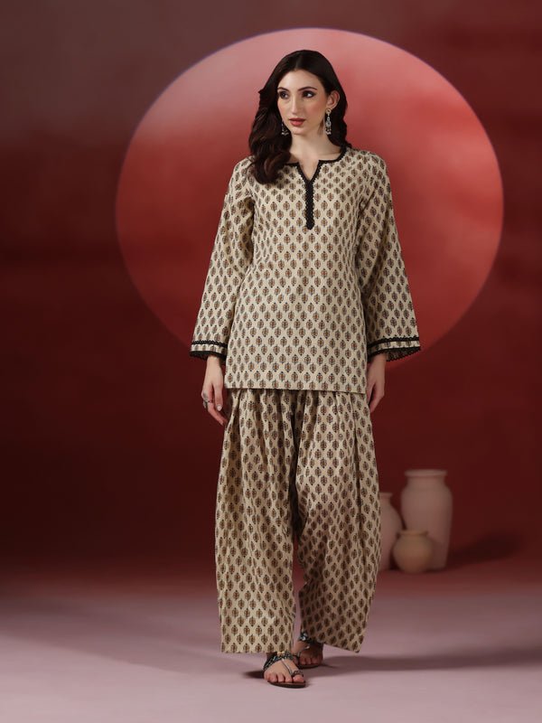 Beige Pure Cotton Printed Round Neck Full Sleeves Hip Length Straight Kurta Farshi Salwar Set