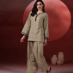 Beige Pure Cotton Printed Round Neck Full Sleeves Hip Length Straight Kurta Farshi Salwar Set