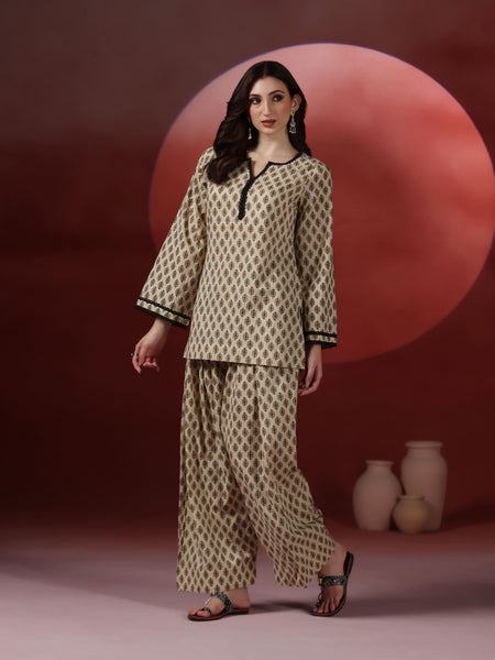 Beige Pure Cotton Printed Round Neck Full Sleeves Hip Length Straight Kurta Farshi Salwar Set Mizazjaipur
