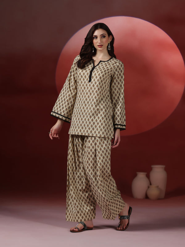 Beige Pure Cotton Printed Round Neck Full Sleeves Hip Length Straight Kurta Farshi Salwar Set