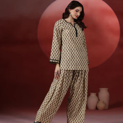 Beige Pure Cotton Printed Round Neck Full Sleeves Hip Length Straight Kurta Farshi Salwar Set