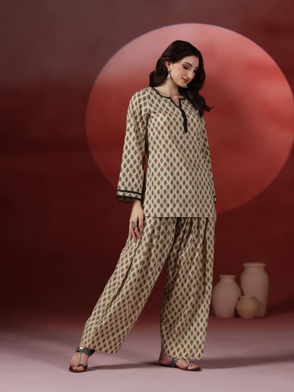 Beige Pure Cotton Printed Round Neck Full Sleeves Hip Length Straight Kurta Farshi Salwar Set