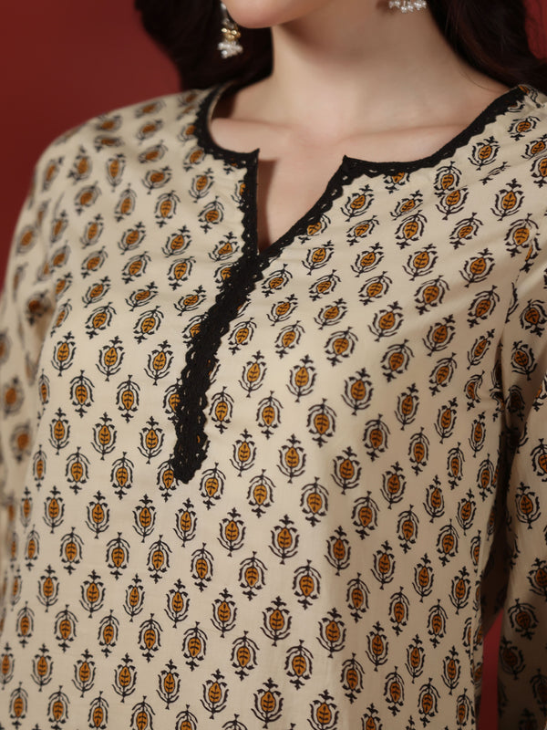 Beige Pure Cotton Printed Round Neck Full Sleeves Hip Length Straight Kurta Farshi Salwar Set